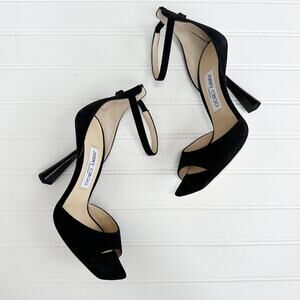 Jimmy Choo Black Suede Reon Sandals Square Toe Ankle Strap 37